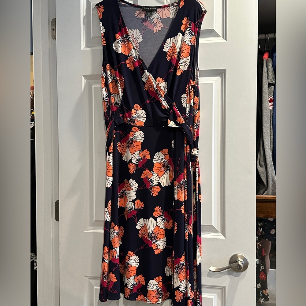 Julie Dillon Floral Wrap Dress - Navy with Orange & Cream Flowers (Stitch Fix)